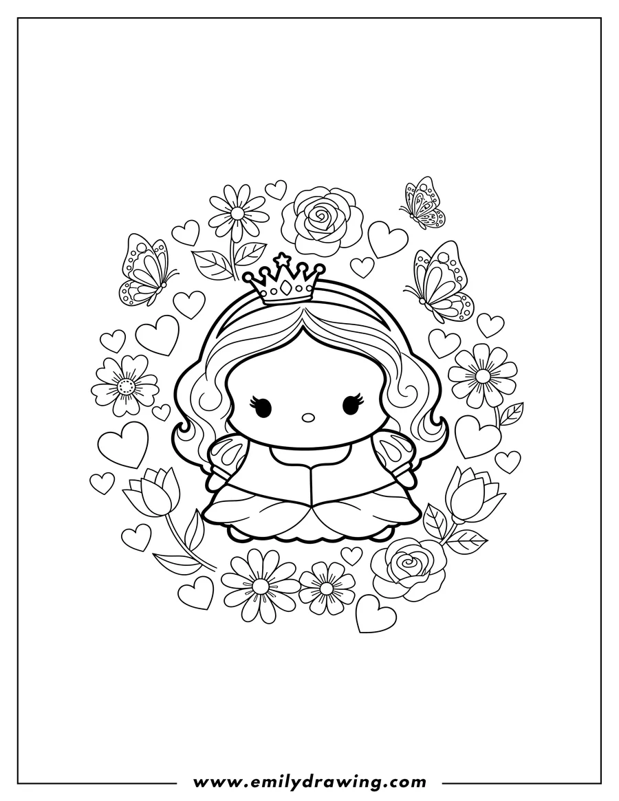 Full page coloring image of snow White Tsum Tsum wearing a crown, with hearts, flowers, and butterflies