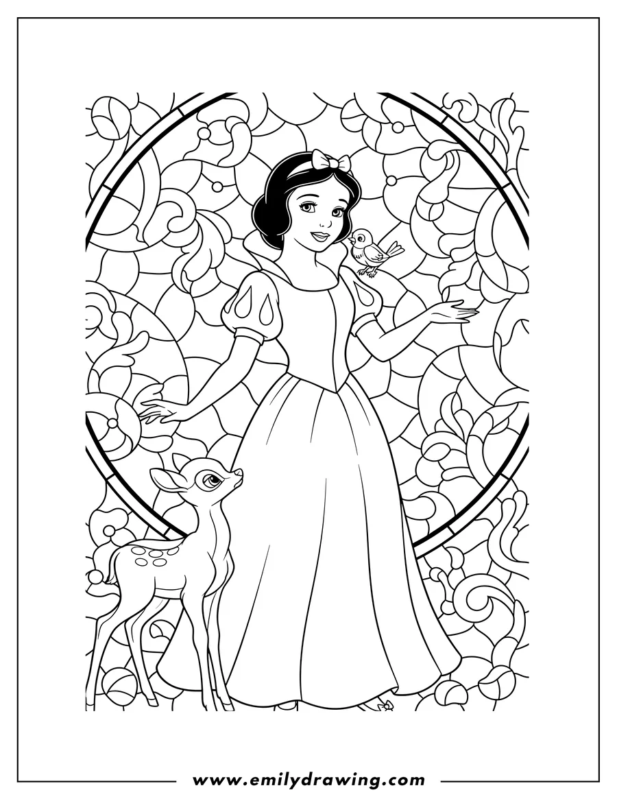 Black and white line art of snow White With Deer Stained Glass, with a bird on her shoulder and a fawn