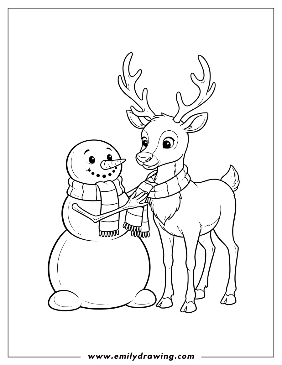 Downloadable coloring page of snowman adjusting the scarf around an antlered reindeer's neck with stick hands