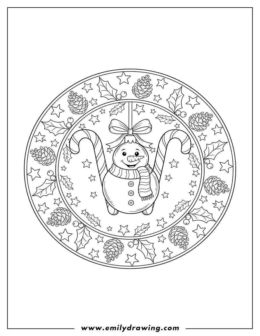 Printable coloring page of snowman Bauble And Candy Cane Christmas Mandala, with Holly, Pinecones, and Stars