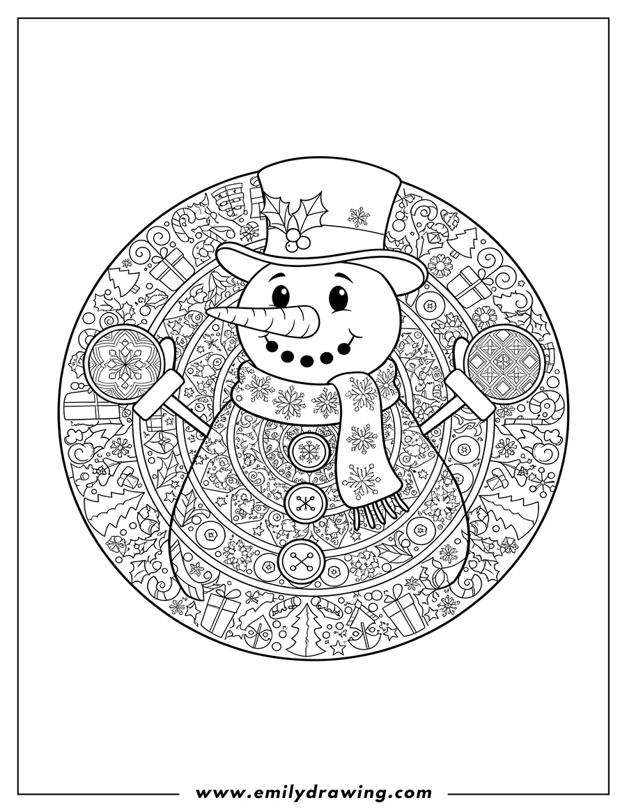 Coloring sheet featuring snowman Christmas Mandala With Intricate Details, featuring a carrot nose and coal smile