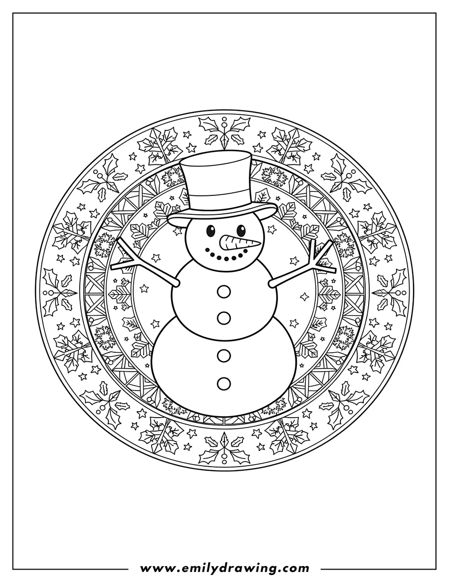 PDF style coloring page: snowman wearing a top hat with outstretched arms inside a Snowflake Christmas Mandala
