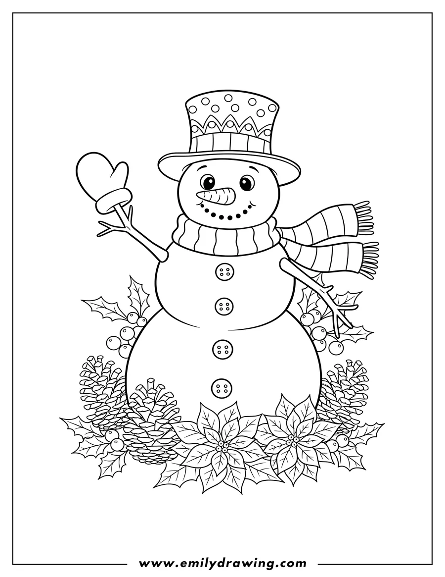 Downloadable coloring page of snowman with a top hat, scarf, and mitten, waving, surrounded by pinecones, poinsettias, and holly berries