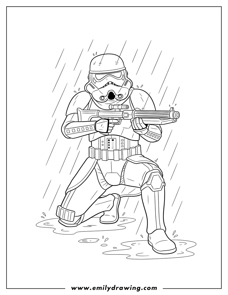 Doodle style coloring picture of snowtrooper crouching, holding blaster rifle in rain