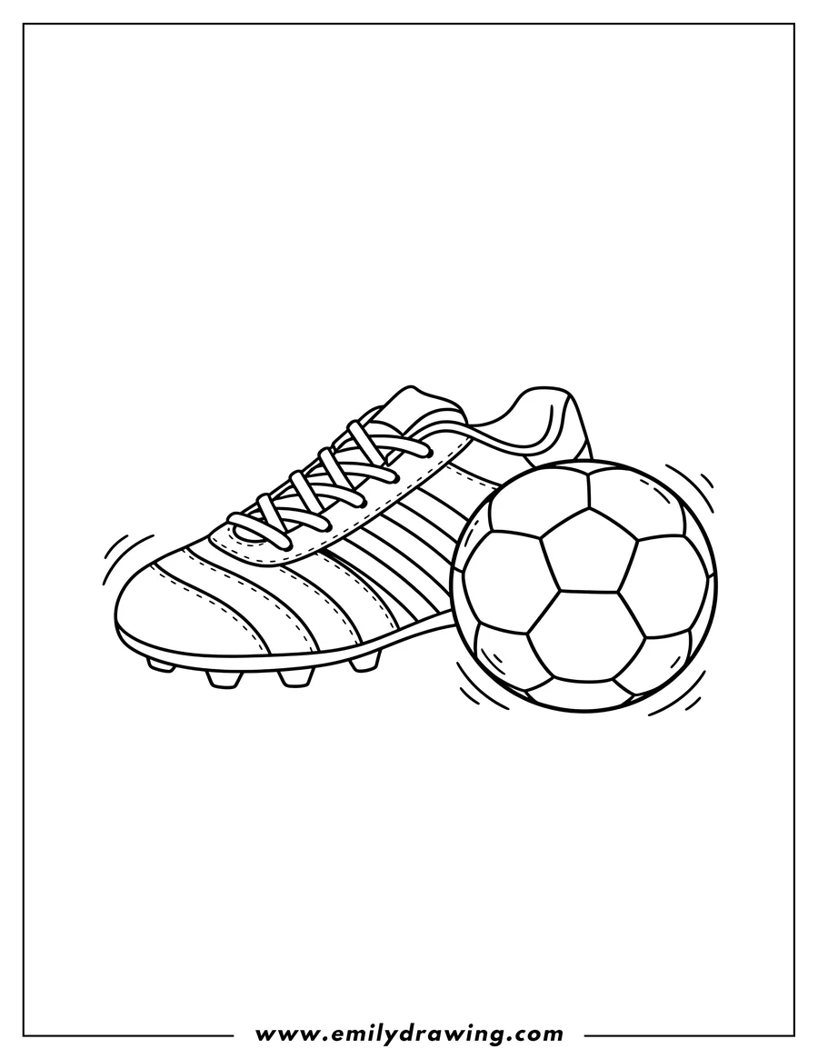 PDF style coloring page: coloring page of a soccer boot with laces and stripes next to a classic soccer ball