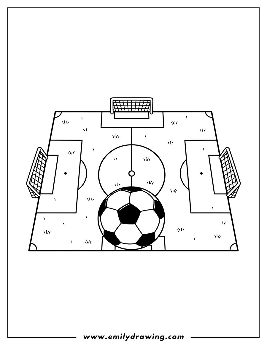 Free printable coloring sheet of soccer Pitch with center circle and goal areas