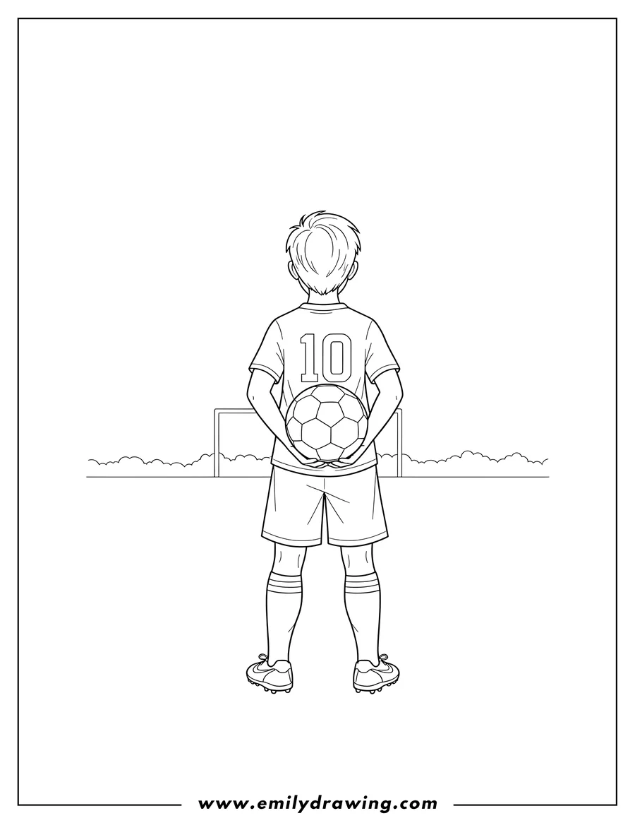 Doodle style coloring picture of back Soccer Player Holding a Soccer Ball, wearing a t-shirt and shorts