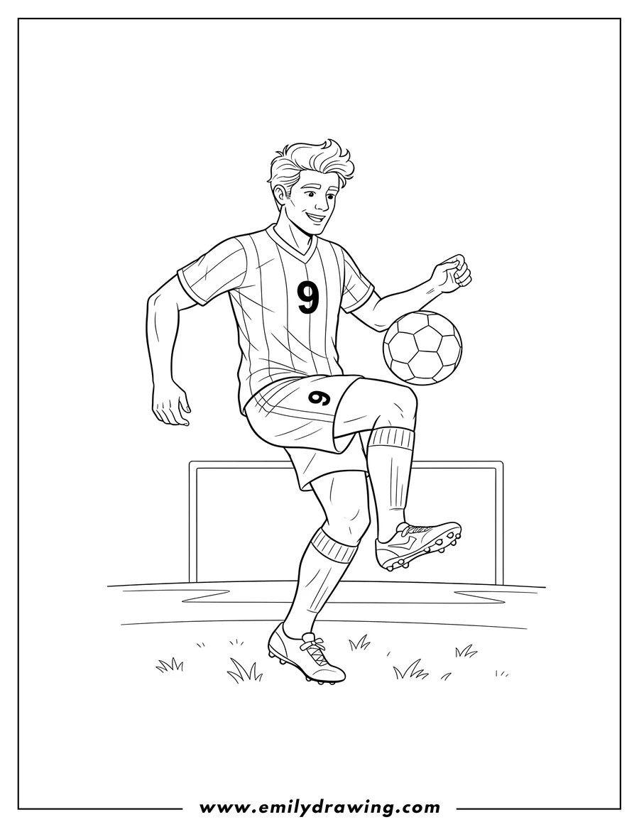 Downloadable coloring page of male Soccer Player in a Number 9 Jersey Juggling a Soccer Ball