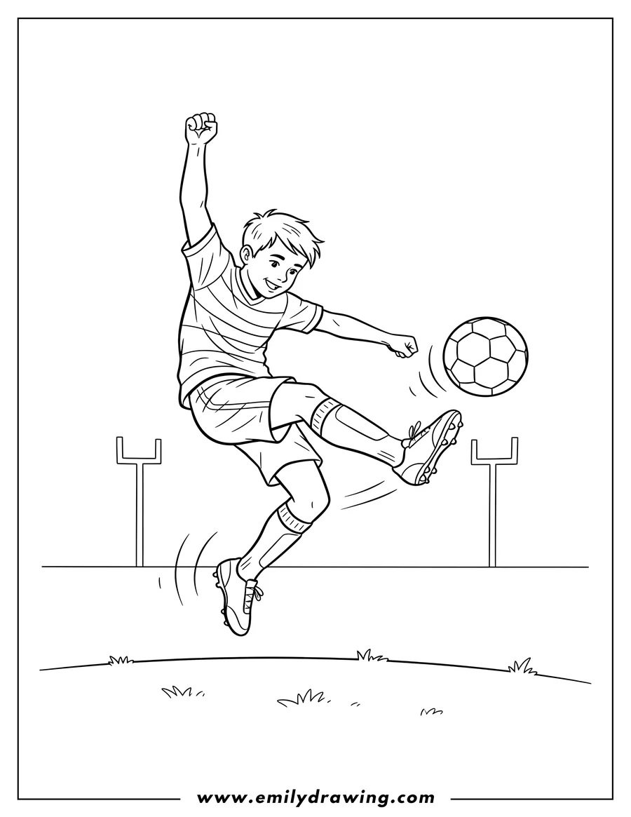 Coloring sheet featuring soccer Player Kicking Ball, jumping with arm raised