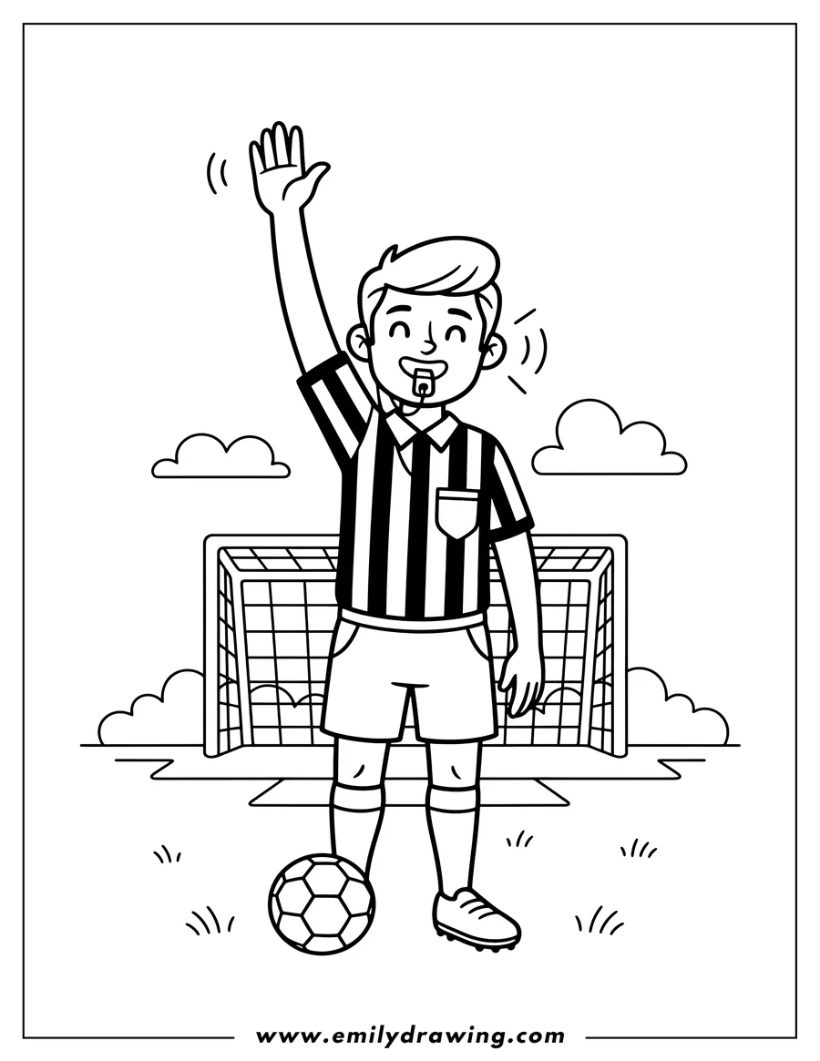 Black and white line art of soccer Referee Blowing Whistle with Arm Raised To Color