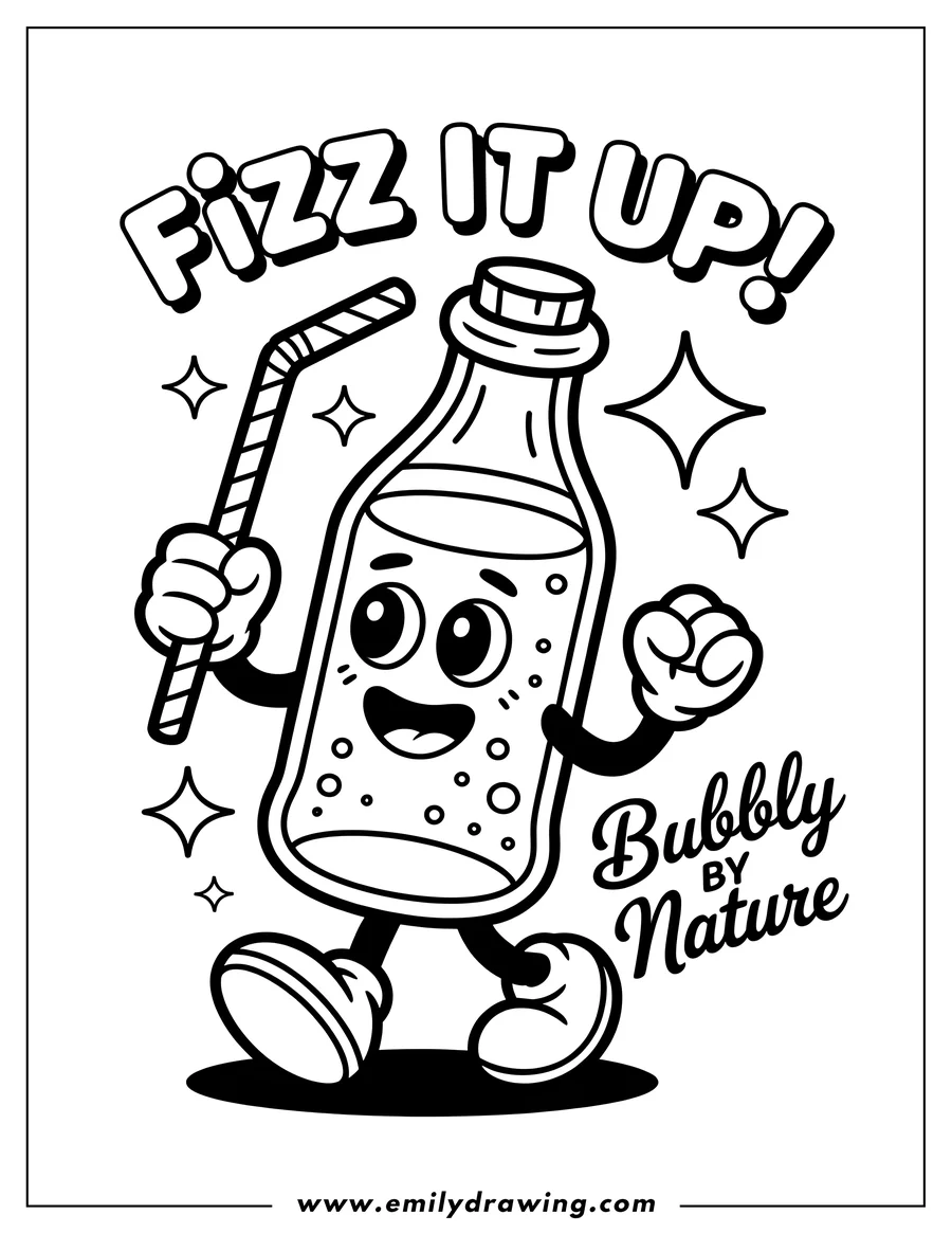 PDF style coloring page: soda Bottle Character