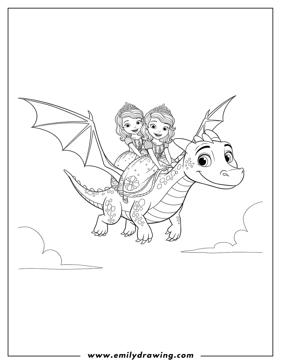 Coloring page of sofia First and Princess Amber smiling and riding Everburn the flying dragon