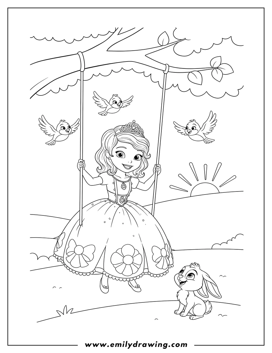 Free to print drawing of sofia smiling on a swing with Clover watching and birds flying