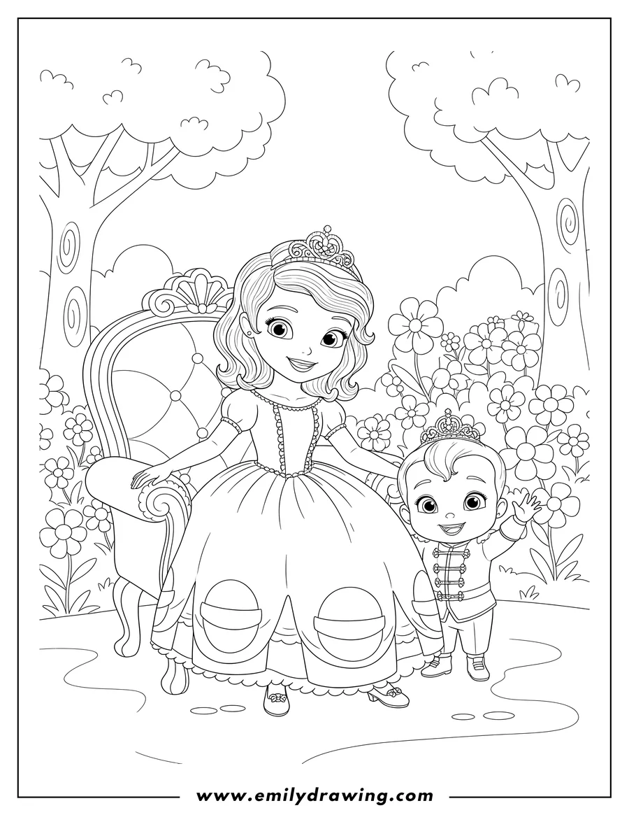 Free printable coloring sheet of sofia First sitting with Baby Prince James standing and waving