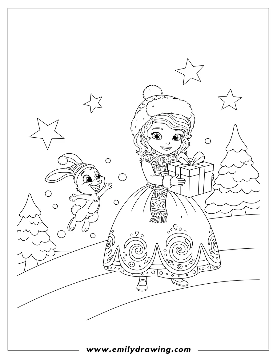 Outline drawing of sofia the First in a winter hat, holding a Christmas present, with Clover the rabbit jumping in the snow