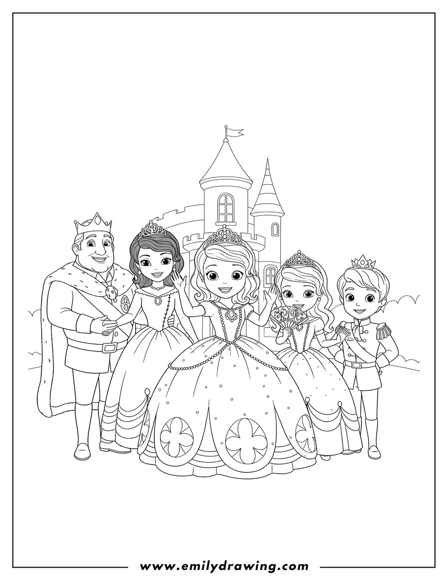 Black and white line art of sofia First waving, with King Roland, Queen Miranda, Princess Amber holding a fan, and Prince James