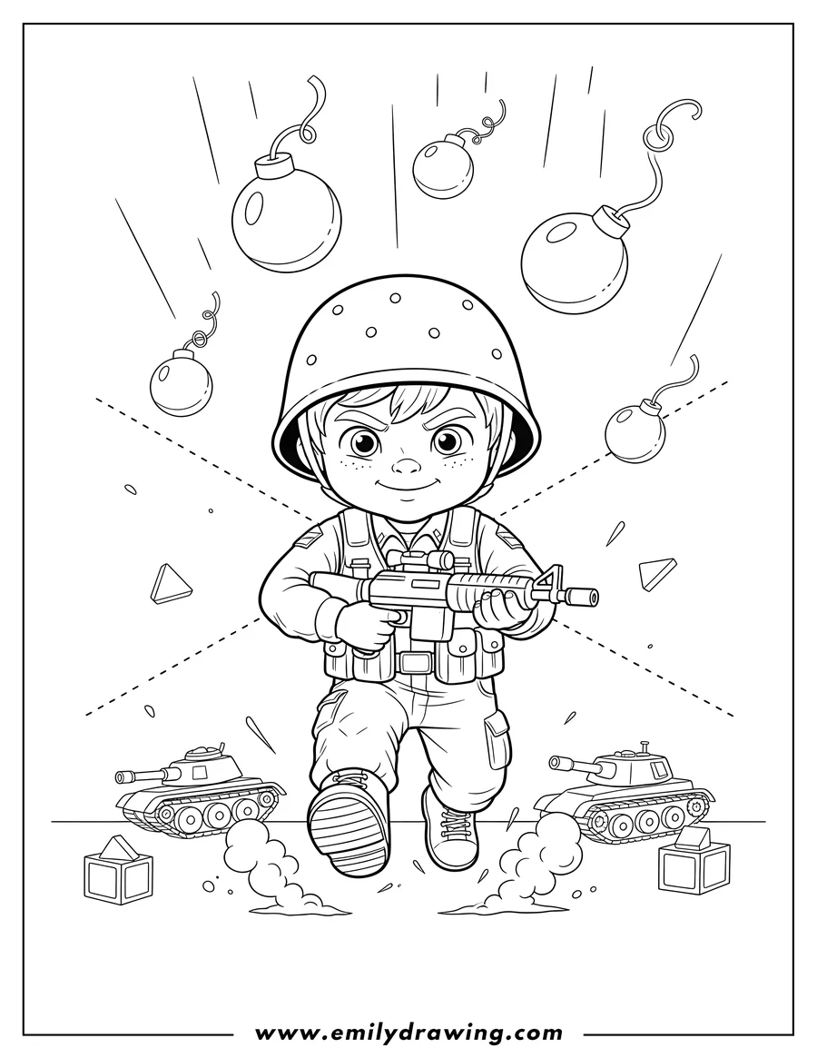 PDF style coloring page: soldier Running Middle Crossfire, holding a rifle with bombs falling