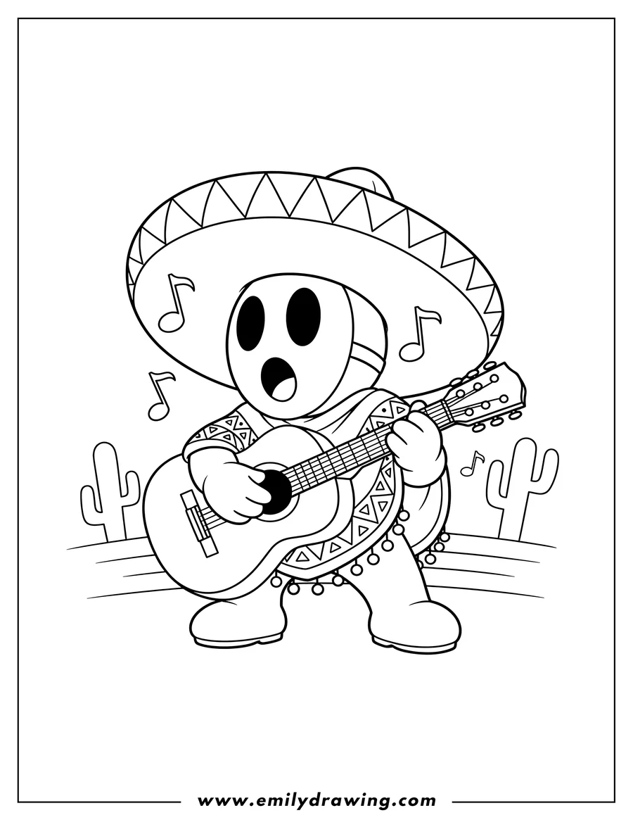 Coloring page of sombrero Shy Guy playing guitar and singing