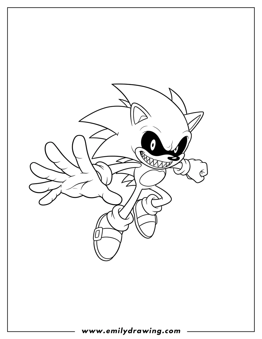 PDF style coloring page: sonic Exe Flying with a wide toothy smile and outstretched arm
