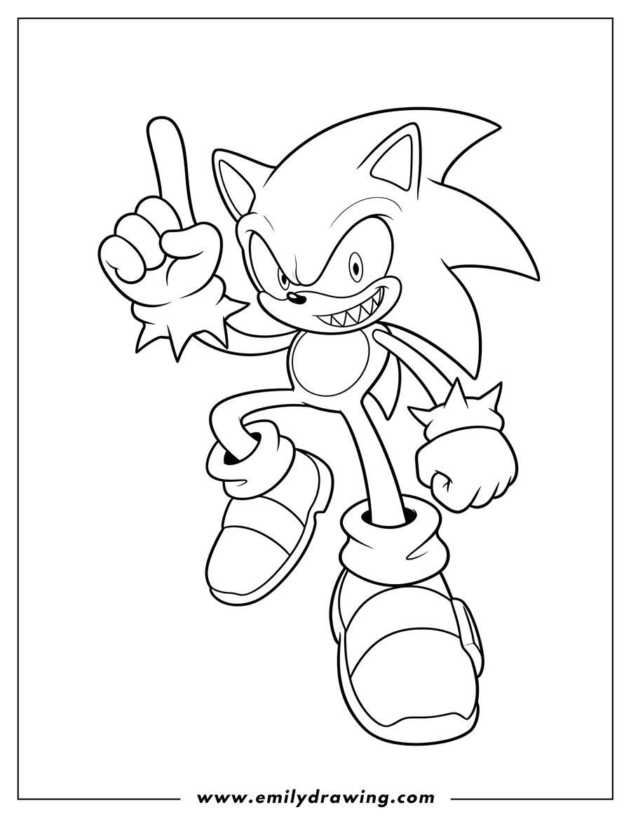 Coloring sheet featuring sonic Exe in a dynamic pose, pointing one finger up, with a menacing expression