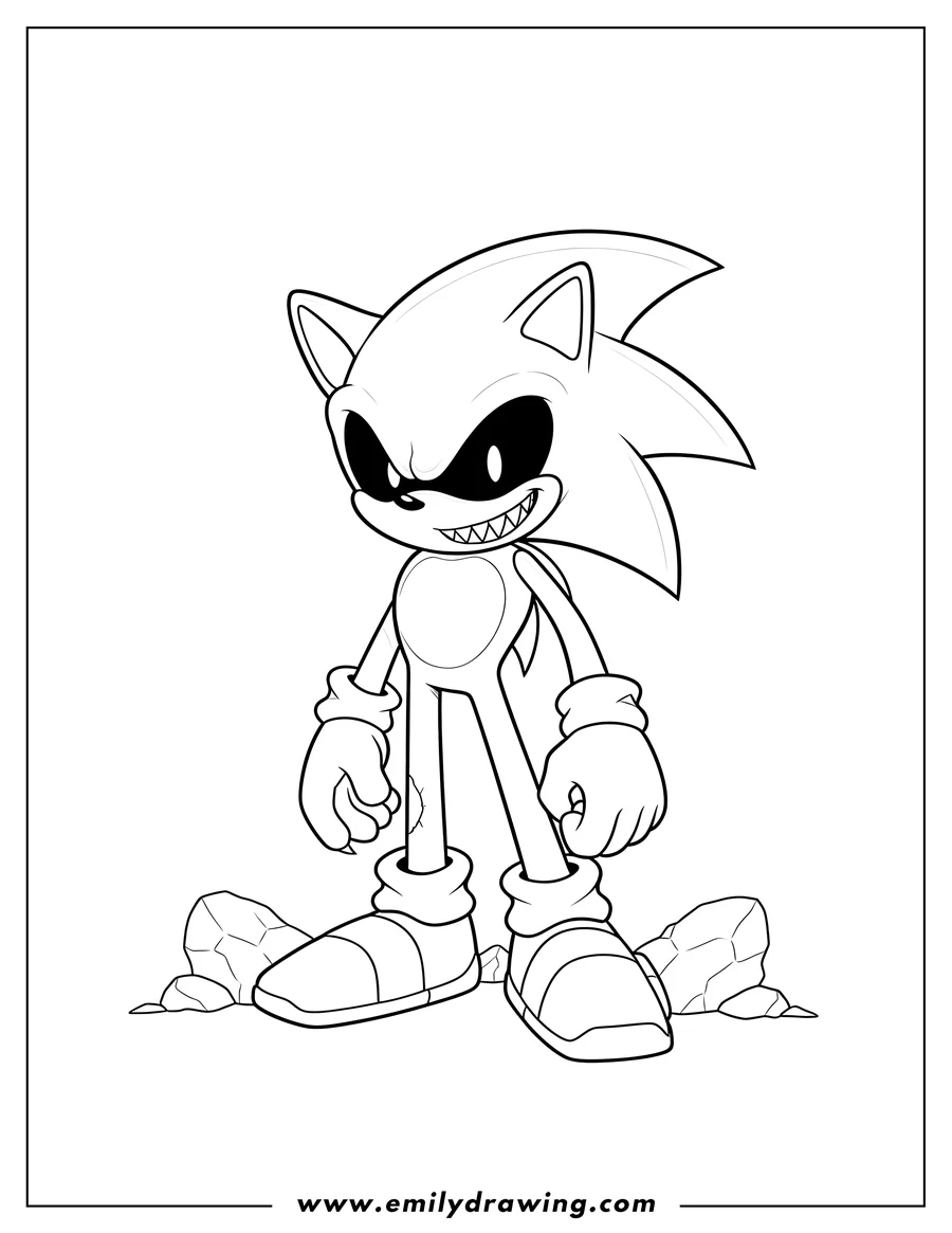 Full page coloring image of sonic Exe standing, showing sharp teeth and black eyes