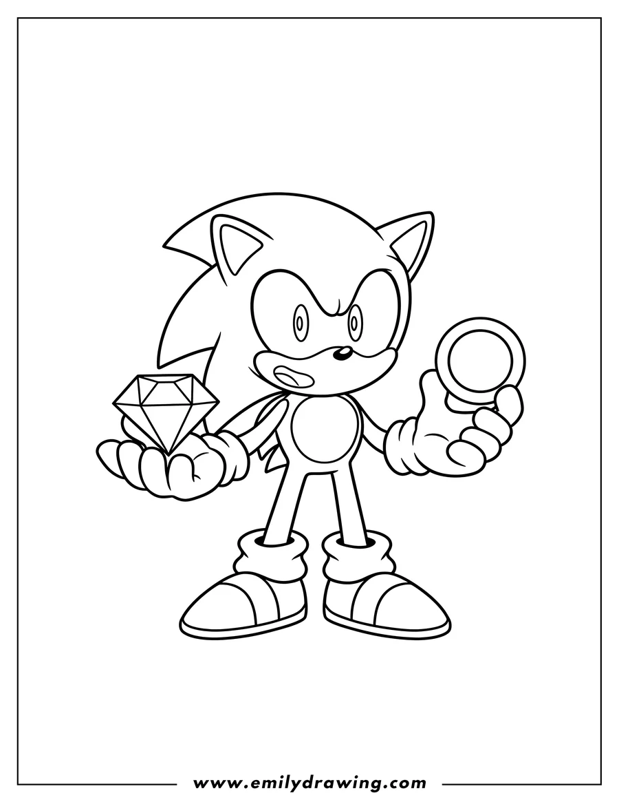 Outline drawing of simple Sonic Exe standing and smiling, holding a Chaos Emerald in one hand and a Gold Ring in the other