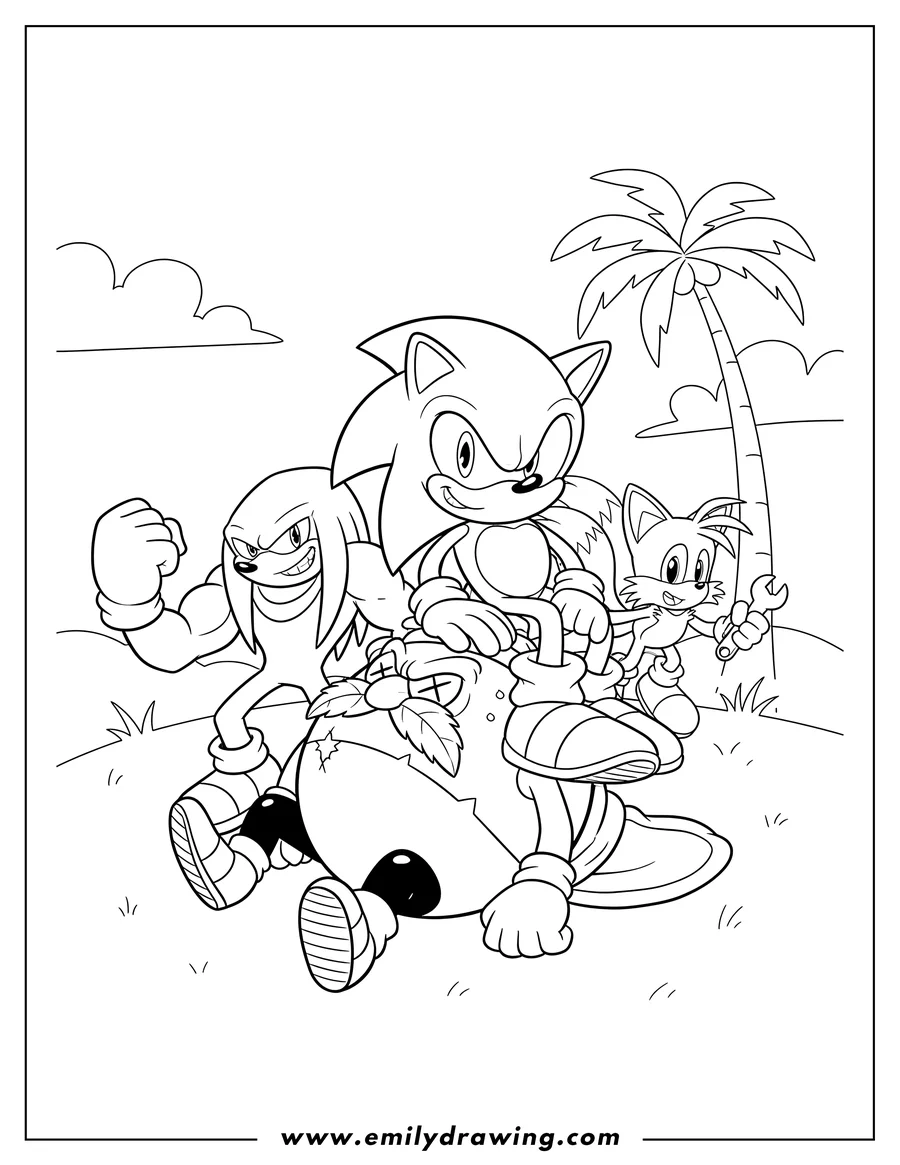 Free printable coloring sheet of sonic And Friends Scaled, with Sonic sitting on Eggman, Knuckles flexing, and Tails flying