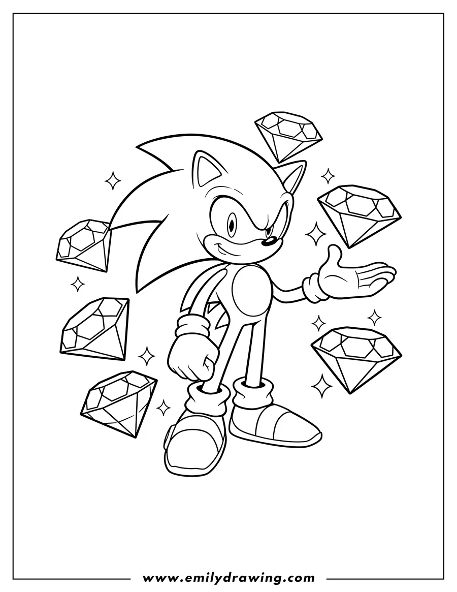 Black and white line art of sonic standing with one hand gesturing, surrounded by large Chaos Emeralds