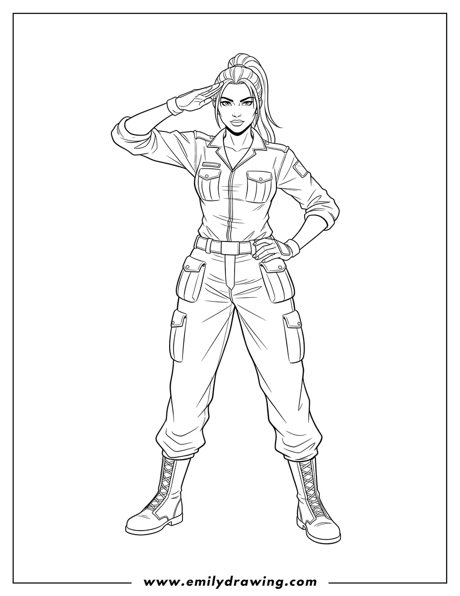 Printable line art of mortal Kombat Sonya Blade in a saluting pose, with her other hand on her hip
