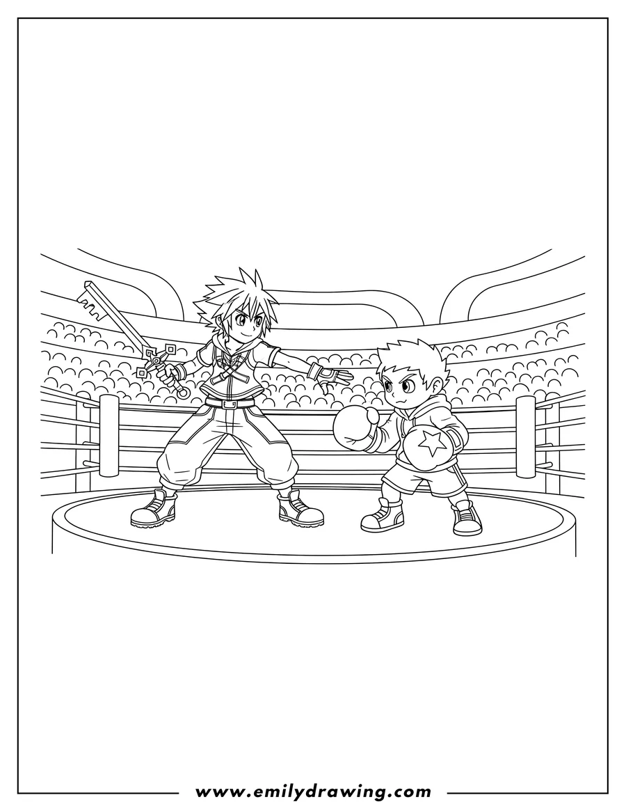 Black and white line art of super Smash Bros Sora with Keyblade vs Little Mac in boxing gloves, facing each other in an arena