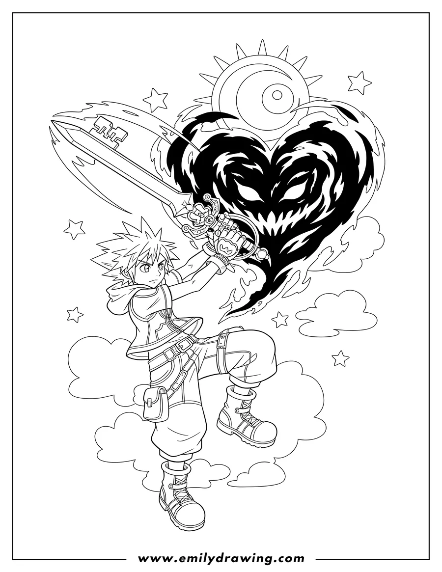 Printable coloring page of sora fighting Kingdom Hearts, wielding a Keyblade in a dynamic pose