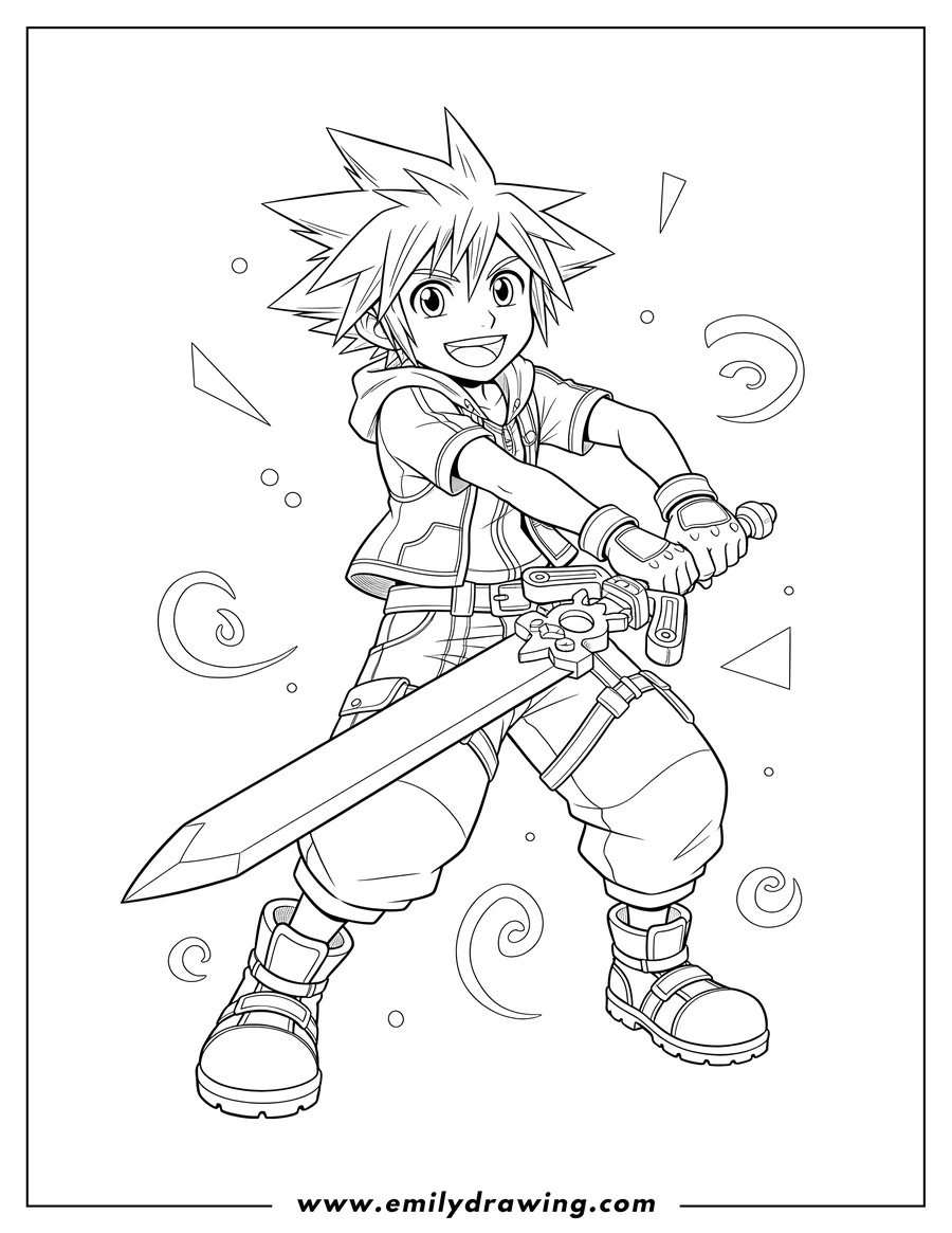 Free printable coloring sheet of sora Fighting With His Keyblade, smiling and in an action pose