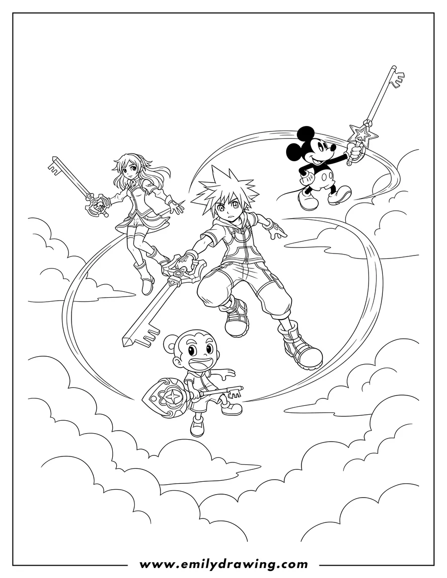 High quality printable kingdom Hearts Sora, Mickey Mouse, Aqua, and Don Lanford flying with Keyblades among clouds for coloring