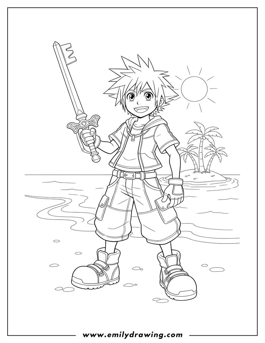 Full page coloring image of sora standing and smiling, holding his Keyblade on a beach