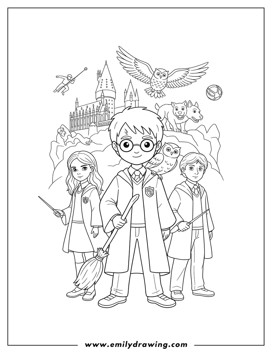 Coloring sheet featuring harry Potter And Sorcerers Stone Poster with Harry Potter, Hedwig, and friends