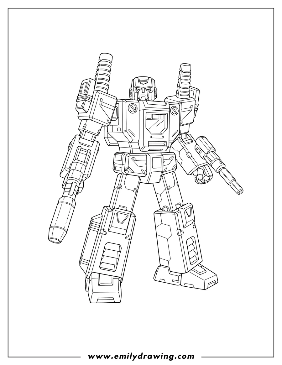 Outline drawing of soundwave Transformer standing and holding a blaster