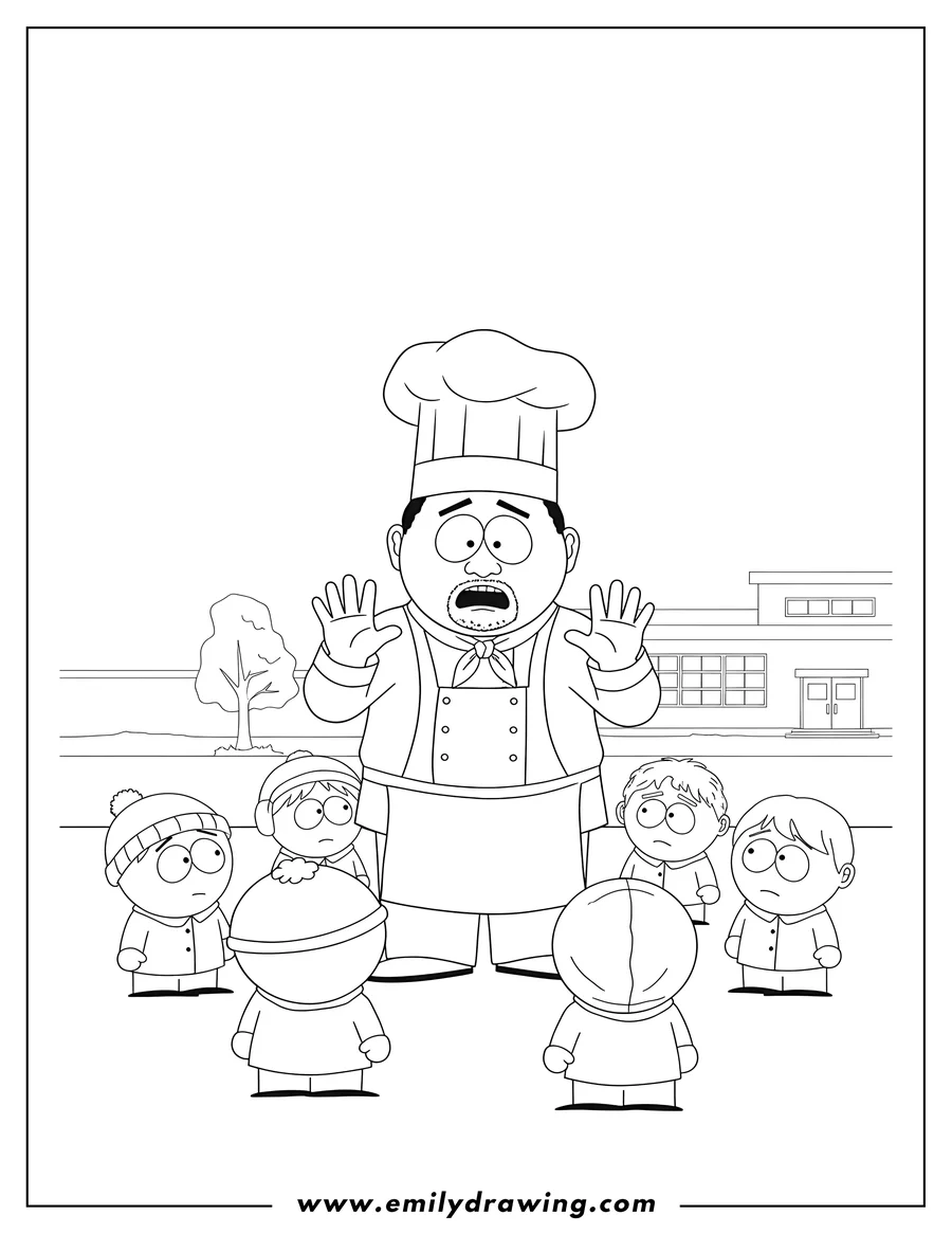 Printable line art of south Park Chef with a worried expression and raised hands, preschoolers