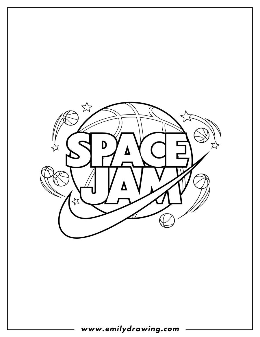 Downloadable coloring page of space Jam Logo with basketballs and a stylized swoosh