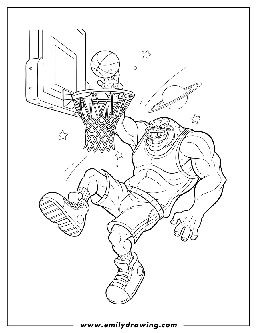 Free to print drawing of space Jam Monstar Blanko Dunking, hanging on the net with a wide grin
