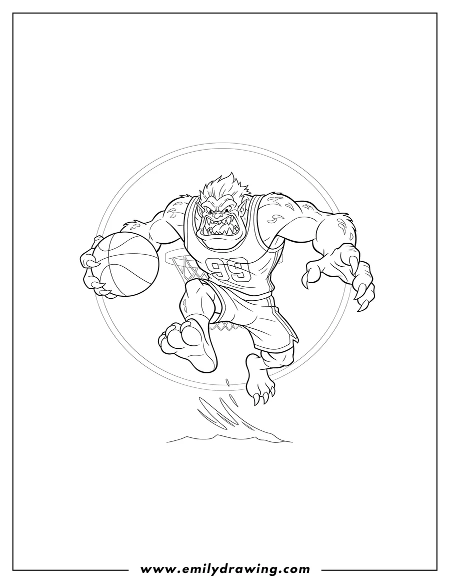 Full page coloring image of space Jam Monstars Bang, Monstar jumping with a basketball, aggressive expression