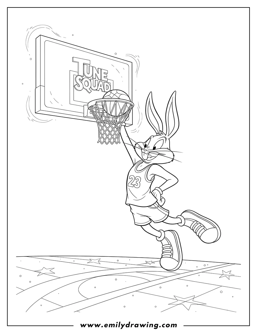 Coloring sheet featuring space Jam Themed Bugs Bunny dunking a basketball at a hoop