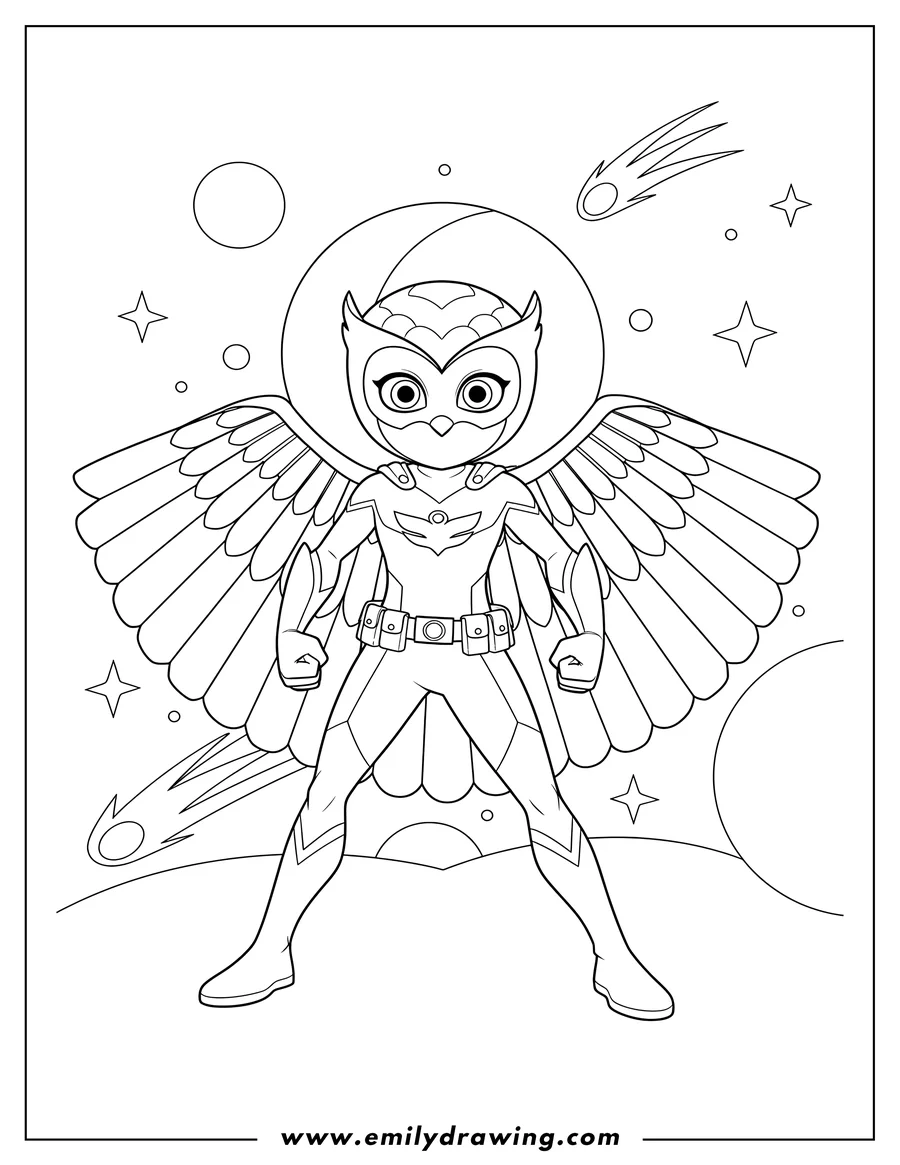 Printable line art of space Owlette standing heroically with cape spread like wings