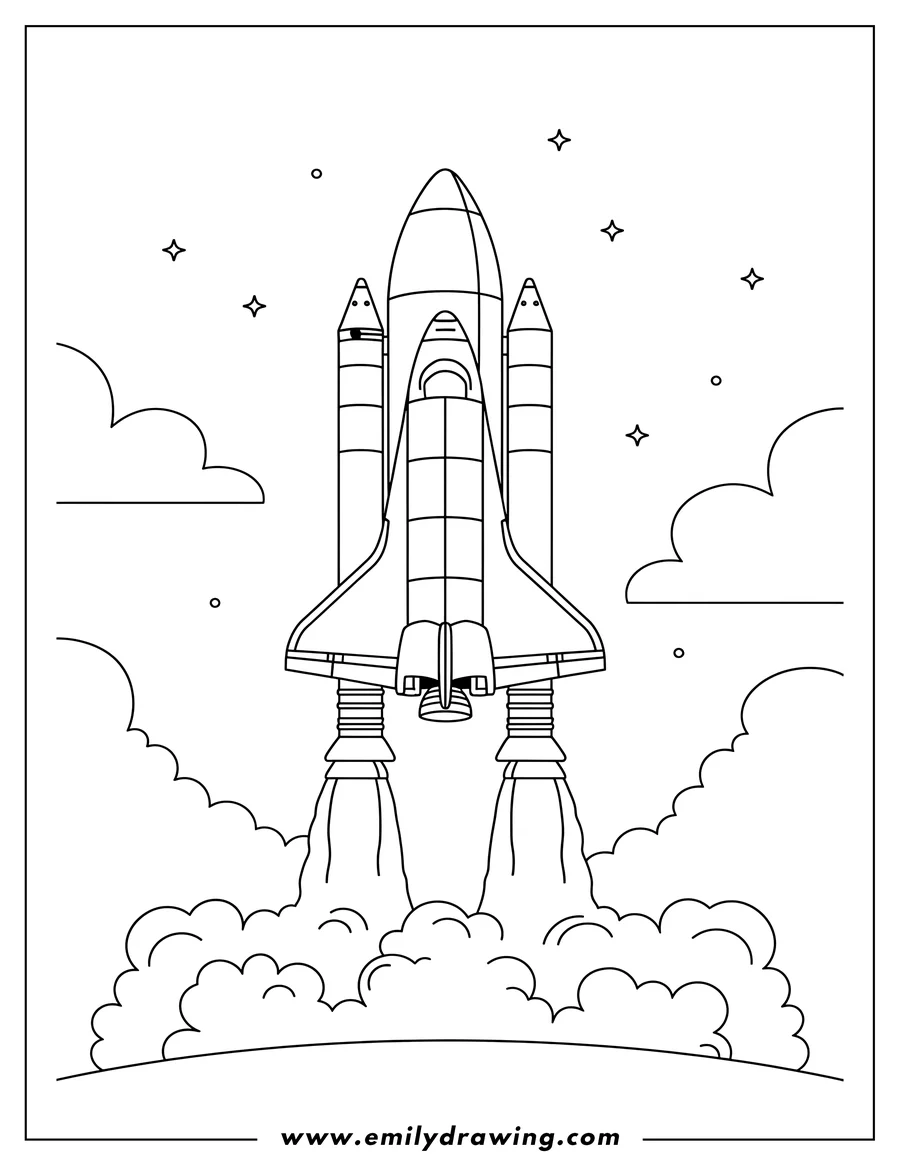 Black and white line art of space Shuttle Rocket Taking Off, with plumes of smoke from engines