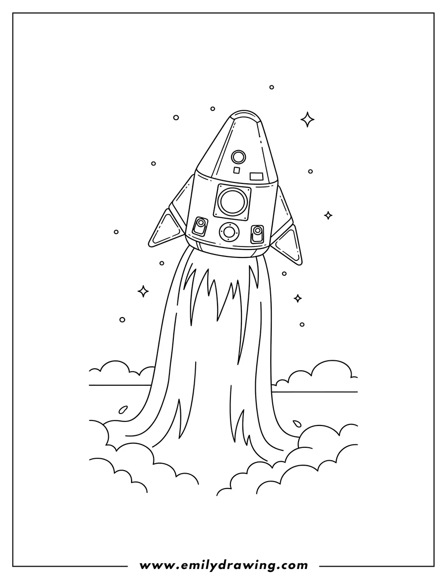 Full page coloring image of spacex Dragon Capsule re-entering with a fiery trail