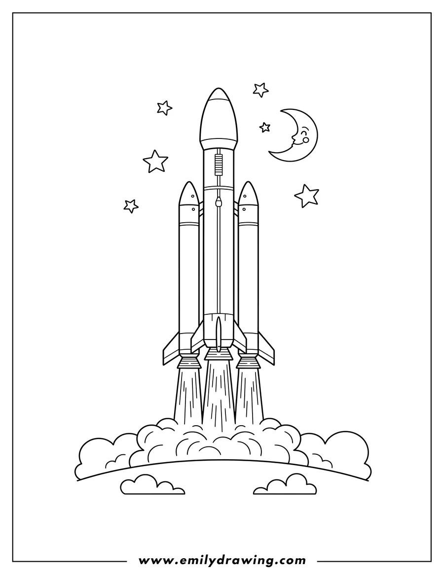 Vector style outline of spacex Falcon Heavy Rocket launching with three boosters