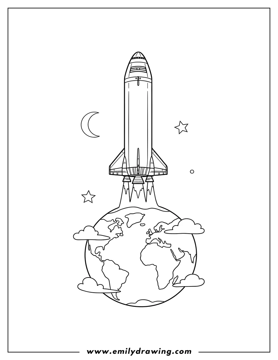 Doodle style coloring picture of spaceX Starship Moon rocket flying above a planet