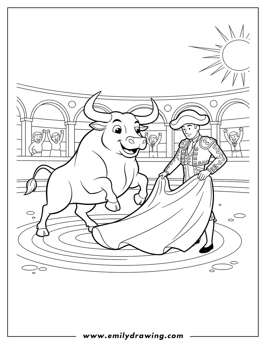 Full page coloring image of spanish Bull Fighting Toro, with a matador holding a cape for a bull
