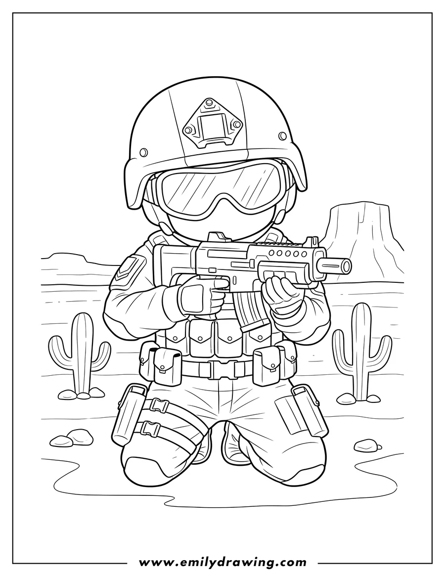 Outline drawing of special Ops Soldier with Helmet and Goggles, Kneeling and Aiming a Gun