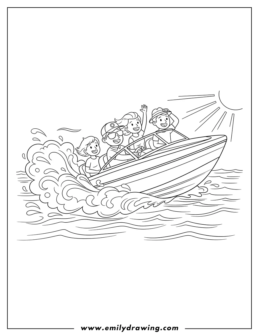 Printable coloring page of A speedboat with three people, one driving, racing across water and creating a large foamy wake