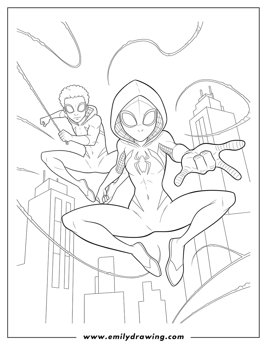 Full page coloring image of spider Gwen and Miles Morales in mid-air, Spider-Gwen reaching out